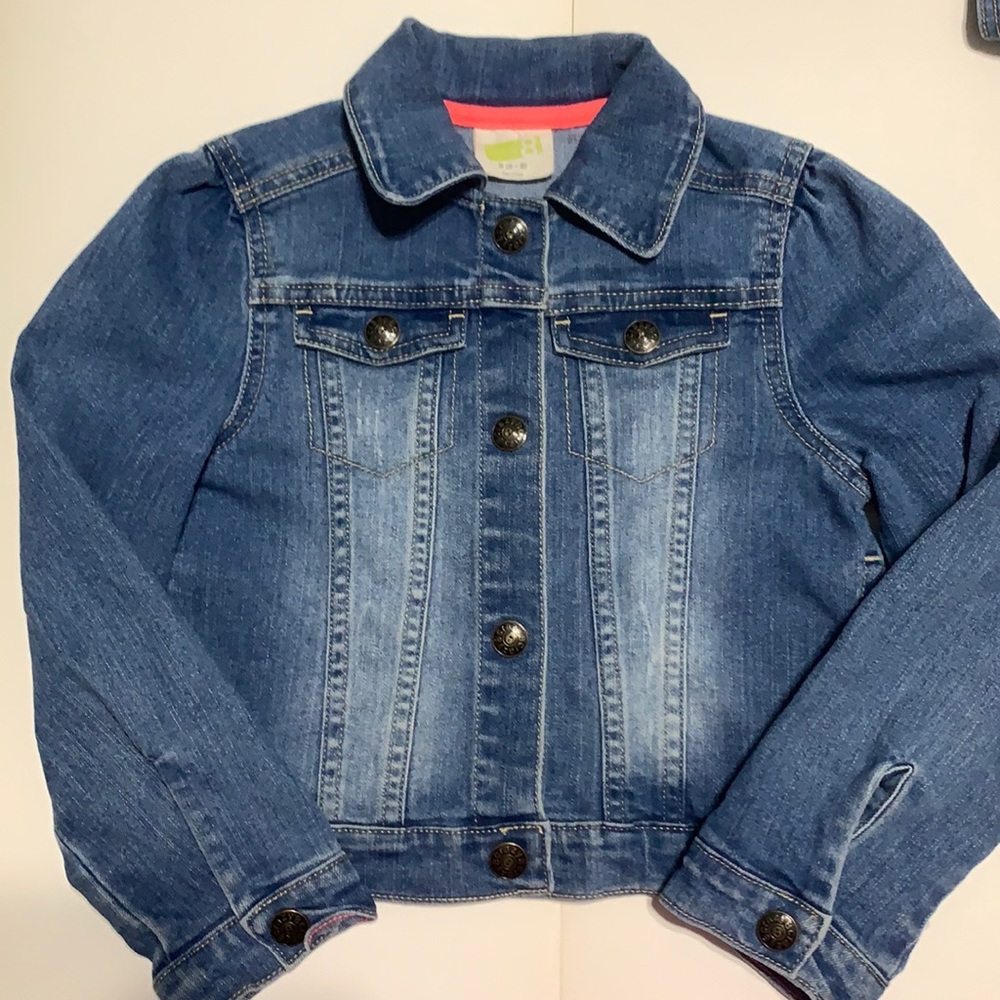 Crazy 8 blue denim jacket girls S 5-6 distressed look.
